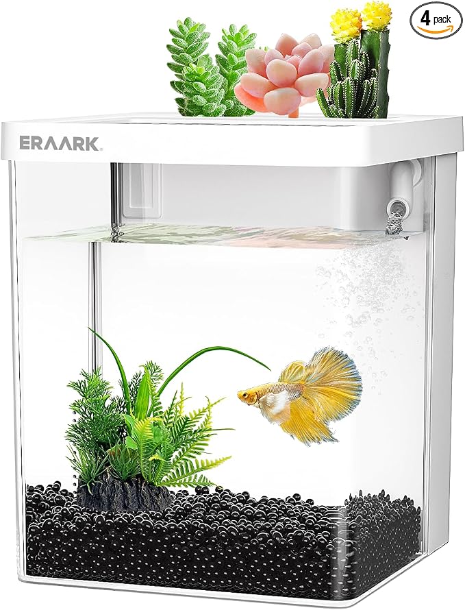 Small Fish Tank Aquarium kit 1.5 Gallon Betta Fish Tank with Silent Water Pump Filter LED Light,Fish Bowl (White)