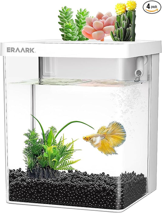 Small Fish Tank Aquarium kit 1.5 Gallon Betta Fish Tank with Silent Water Pump Filter LED Light,Fish Bowl (White)
