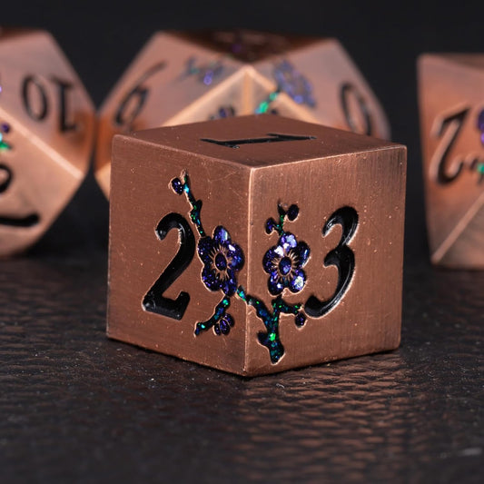 Metal DND Dice Set, Dungeons and Dragons Metallic Flower Dice with Gift Case, Polyhedral Dice Sets for Tabletop Games (Antique Red Copper - Purple)
