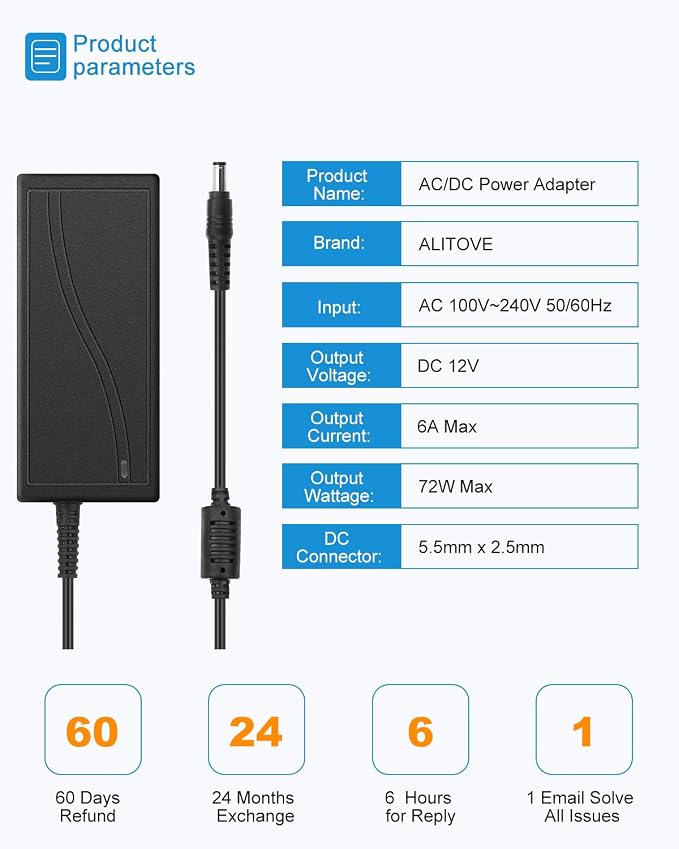 ALITOVE 12V 6A Power Supply 72W AC/DC Adapter 100~240V 50-60hz 12 Volt Transfomer 6 Amp 5A 4A 3A AC to DC Converter with 5.5x2.5mm 2.1mm Plug for LED Strip Light CCTV Camera DC Pump Fan,2-Pack