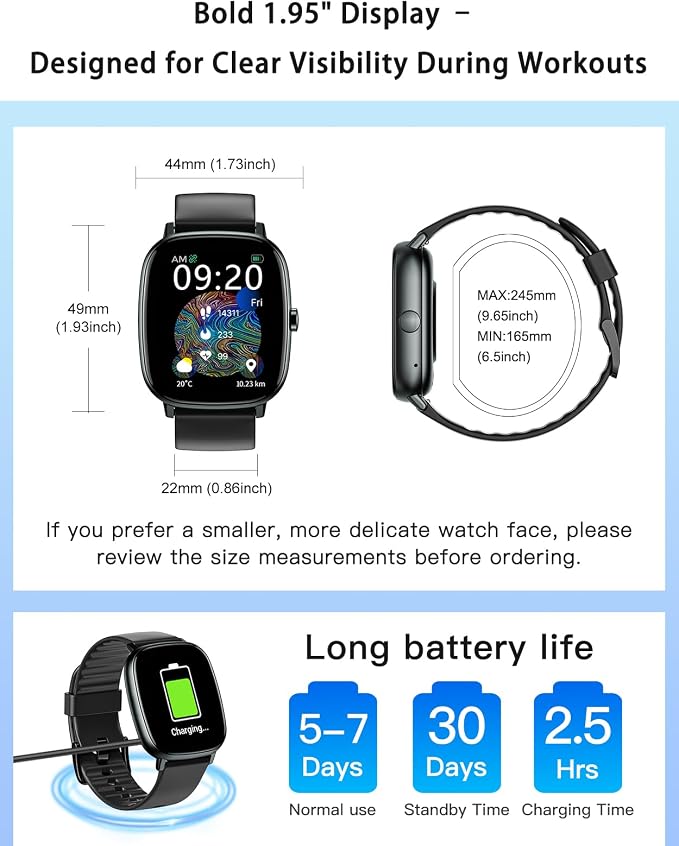 Smart Watches for Men Women with GPS Built-in, Answer/Make Calls, 1.95" Smartwatch for iPhone/Android Phones, Fitness Watch with Heart Rate/Sleep Monitor 100+ Sports Modes IP68 Waterproof (Black)