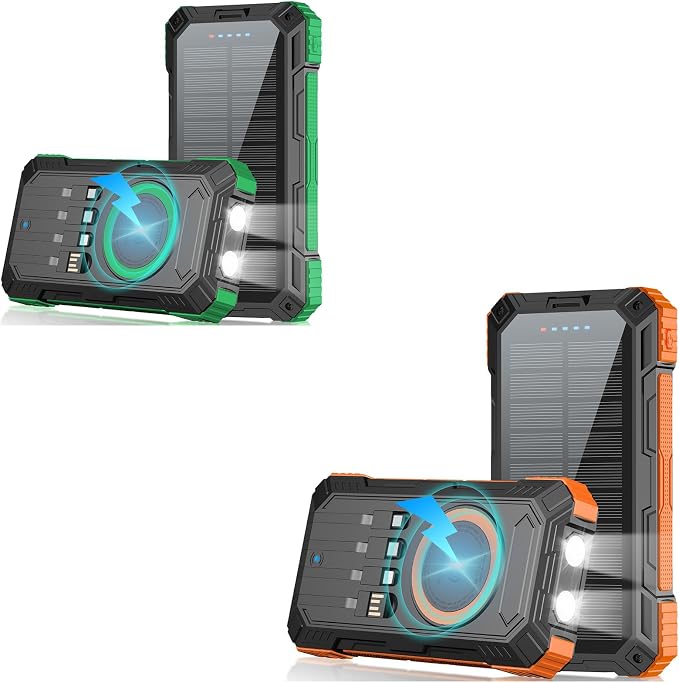 Solar Power Bank 49800mAh 22.5W QC3.0 Fast Charging Built in 4 Cables andNymzixt Solar Power Bank 20000mAh Portable Charger Built-in 3 Cables and Wireless Charging