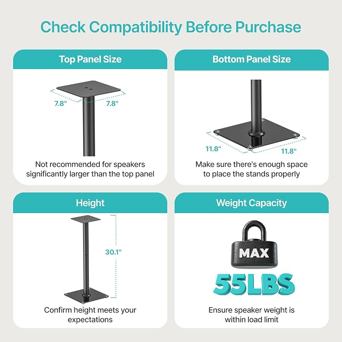 Speaker Stands Pair, 30" Fixed Height, 55lbs Weight Capacity, 11.8" Base, Cable Management, Freestanding Speaker Floor Stand for Surround Sound, Tempered Glass Base