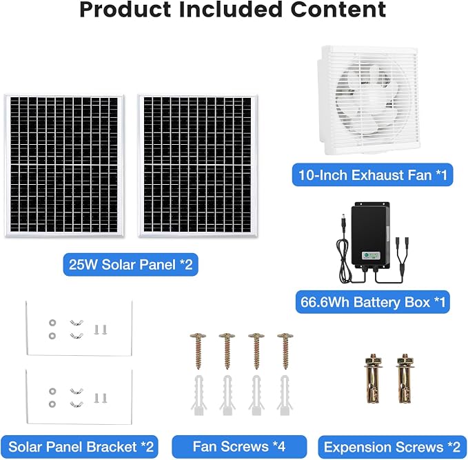 Fanspex Solar Exhaust Fan, Solar Powered Vent Fan Kit for Outside Greenhouse Shed Chicken Coop (10" Fan with Battery)