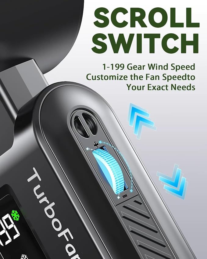 Portable Handheld Fan with Ice Cooling, 7.5m/s High Speed Turbo Fan, 150° Foldable 4-in-1 Personal Neck Fan, 199 Speed Stepless Control, USB-C Rechargeable for Travel, Makeup, Hiking, Black Gold
