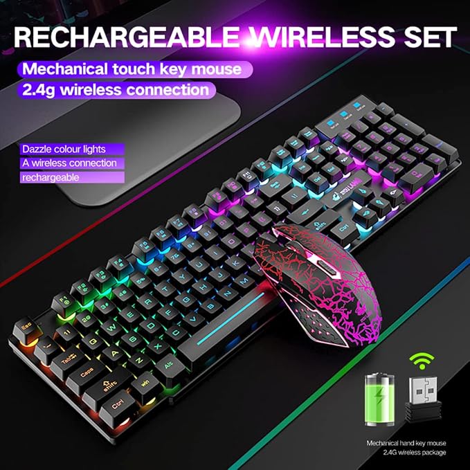Wireless Gaming Keyboard and Mouse Combo Rechargeable 4000mAh Battery Rainbow Backlit Quiet Ergonomic Mechanical Feeling Anti-Ghosting 2400 DPI Mouse and Mousepad 3 in 1 Set for PC Laptop Mac