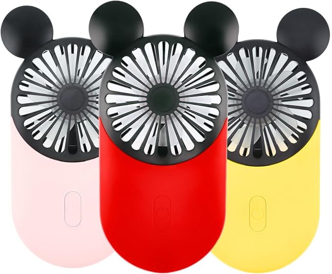 Cute Mouse Personal Mini Fan, Rechargeable Handheld USB Fan, 3 Adjustable Wind Speeds and Wearable Design, Portable Pocket Size for for Travel/Outdoor/Vacation/Park Trip (Red+Pink+Yellow)