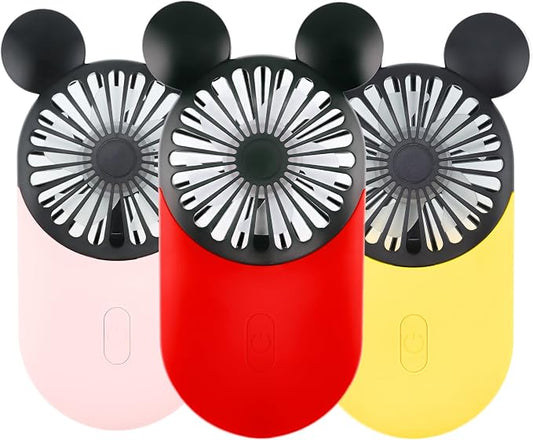Cute Mouse Personal Mini Fan, Rechargeable Handheld USB Fan, 3 Adjustable Wind Speeds and Wearable Design, Portable Pocket Size for for Travel/Outdoor/Vacation/Park Trip (Red+Pink+Yellow)