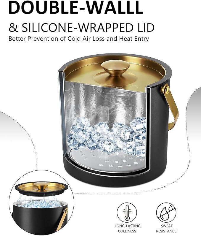 Bakpoco 3L Ice Bucket with Silicone Lid, Scoop, Gold Tongs & Strainer, Stainless Steel Double Wall Insulated Ice Buckets for Parties & Cocktail Bar, Outdoor Champagne Ice Container Bin, Black