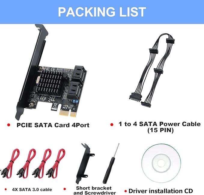 PCI-E X1 to SATA 3.0 Controller Card, 4-Port SATA III 6Gbps Expansion Cards, Supports PCI-Express (1X 4X 8X 16X) Slot, Support SSD and HDD, for Windows10/7/8/XP/Vista/linux