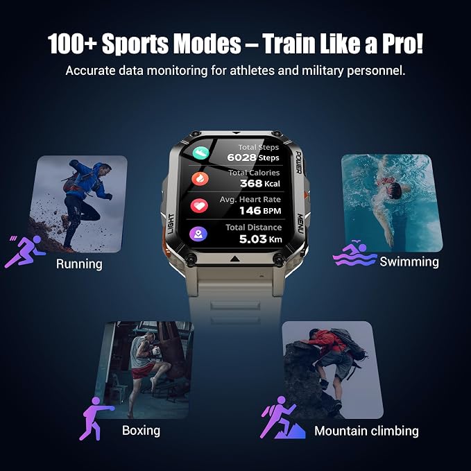 Military Smart Watch for Men (Answer/Make Calls), 2.01" Fitness Watch Tracker with 100-Day Battery/Flashlight/Compass/Heart Rate/120+ Sports Modes/IP68 Waterproof Smartwatch for iOS Android(2 Straps)