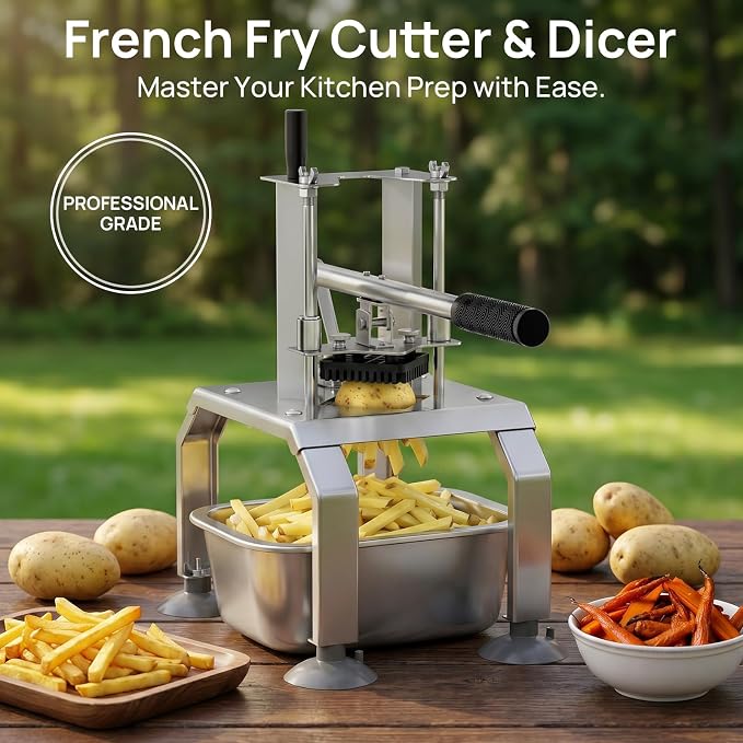 French Fry Cutter,Commercial Potato Cutter Slicer with 3/8", 1/2", 1/4", 8-Wedge Stainless Steel Blades, Commercial Vegetable Chopper for Potato,Carrot,Cucumber,Onion,Home and Restaurant Use