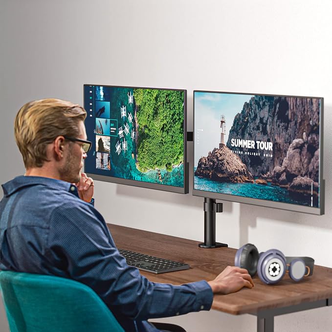 WALI Dual Monitor Stand for Desk, Dual Monitor Mounts for 2 Monitors up to 27 inch, 2 Monitor Desk Mount Holds up to 22 lbs, Height Adjustable Swivel Tilt Rotation, 75x75/100x100mm (M002), Black