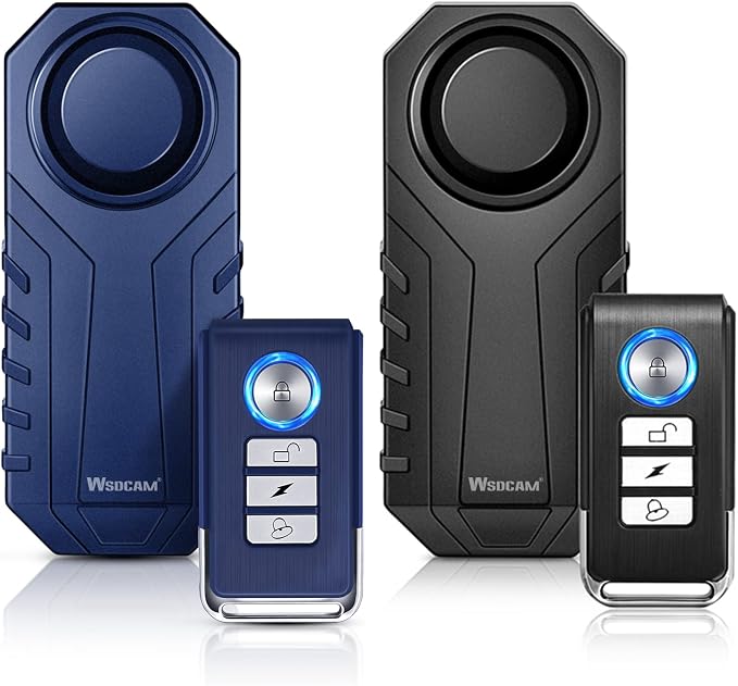 WSDCAM Bike Alarm with Remote 2 Pack (Black + Blue), 113dB Wireless Anti-Theft Vibration Alarm Door Alarm Motorcycle Bicycle Vehicle Security Alarm System
