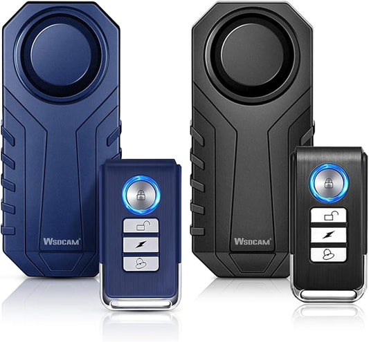 WSDCAM Bike Alarm with Remote 2 Pack (Black + Blue), 113dB Wireless Anti-Theft Vibration Alarm Door Alarm Motorcycle Bicycle Vehicle Security Alarm System