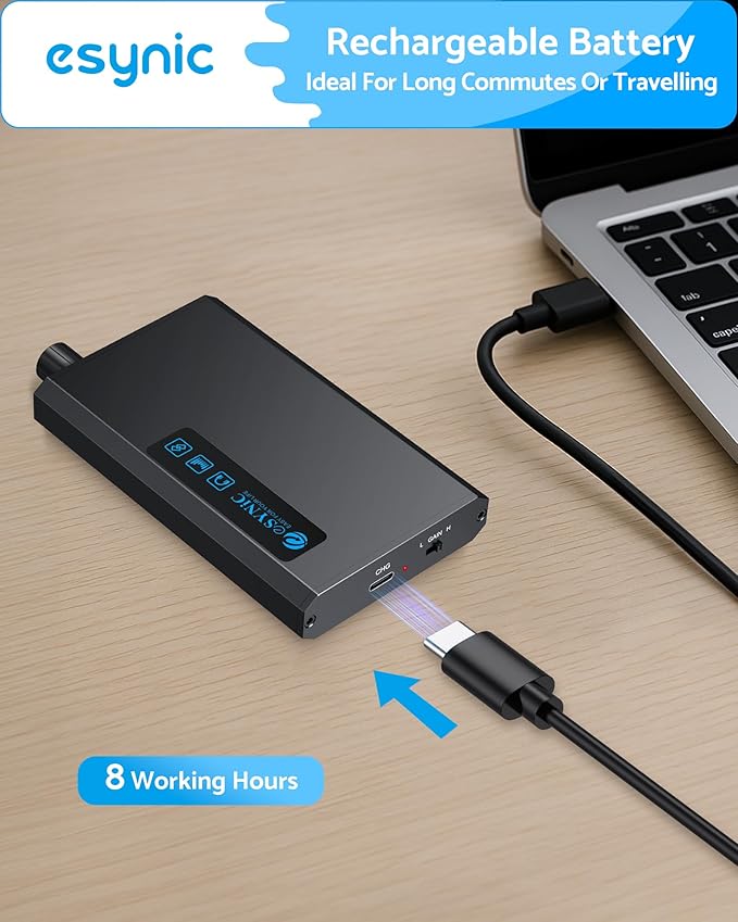 eSynic Bluetooth 5.1 Receiver Headphone Amplifier Portable-1500mAH Rechargeable 3.5MM Headphone Amp-16-300Ω-Two-Stage Gain Switch-Compact-Aluminum Matte Surface-for Phone/Car Aux/CD Players