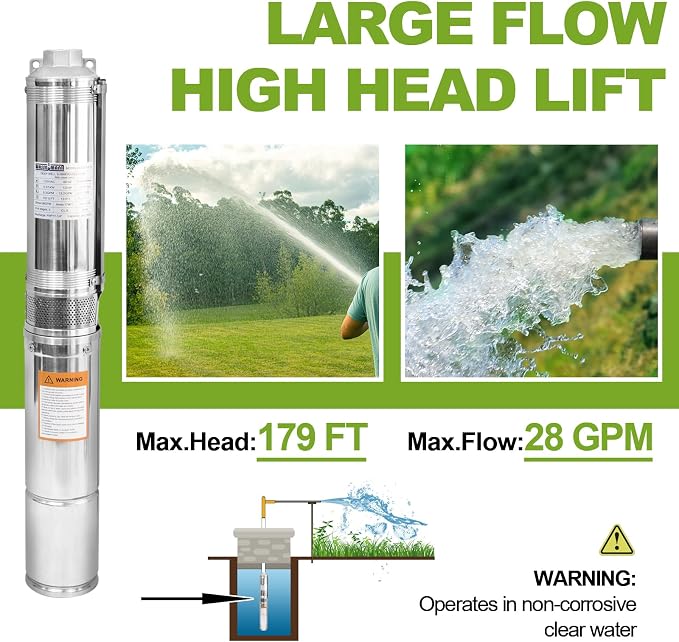 WASSERMANN 4" Deep Well Pump Submersible Well Pump with 10FT Cable,1/2HP,115V/60Hz,28GPM,179FT Head,Stainless Steel Submersible Borehole Well Water Pump for Home Farmland Irrigation and Factories