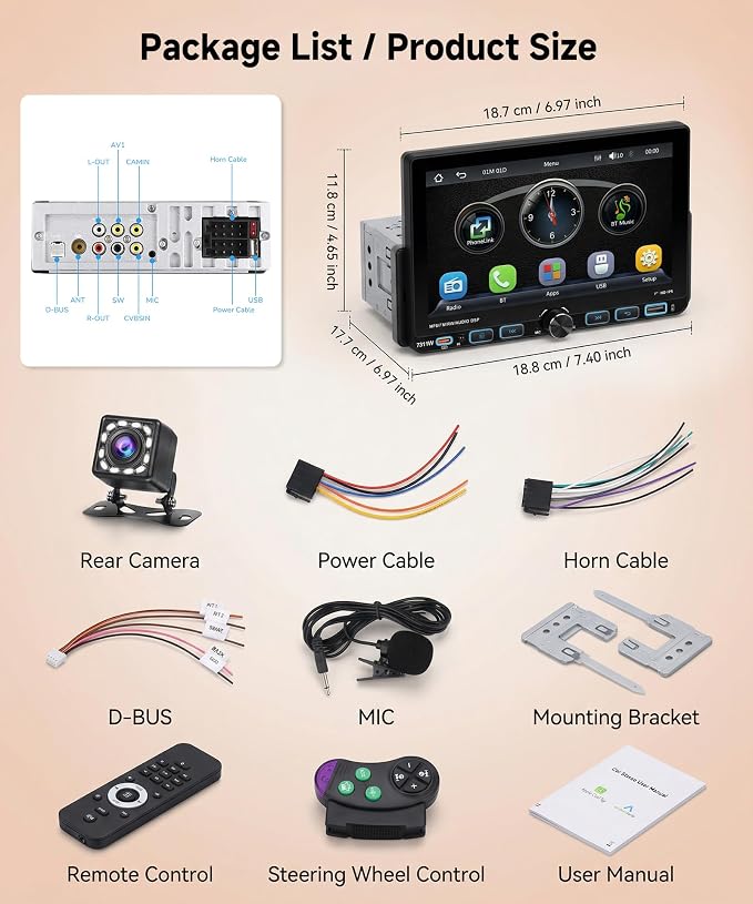 Single Din Car Stereo Carplay Android Auto, 1 Din Head Unit Bluetooth 5.2 Backup Camera, 7 inch IPS Touchscreen Radio, FM/AM/RDS Radio, EQ USB-Type-C, Mirror Link SWC, Car Stereo Receivers