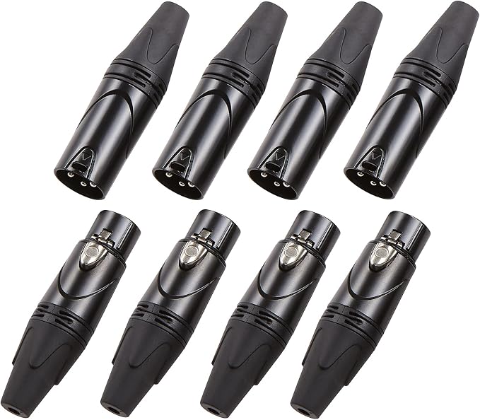 MFL. 3-Pin XLR Cable Connector Male and Female with Nickel Housing and Silver Contacts Mic Cable Plug Connector Audio Socket, Black, 4 Pairs