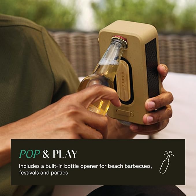 House of Marley Rise Up Solar Bluetooth Speaker, IP67 Waterproof, 14H Playtime, Solar Charging, Quick Charge, Eco-Friendly Recycled Materials, Bamboo Design & Bottle Opener (Signature Black)