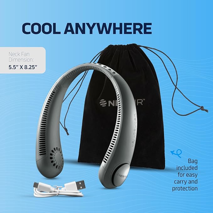 NEXAIR Portable Neck Fan Hands Free Cooling Lightweight Bladeless Neck Fan, 3 Speeds, 2400mAh Battery, 5H Runtime Black