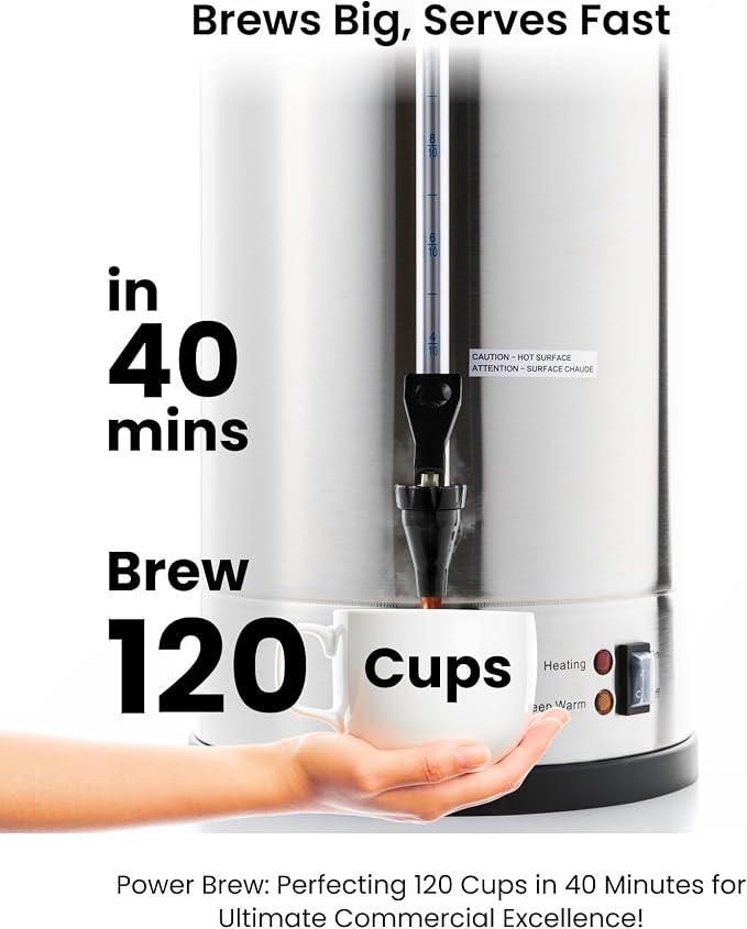 SYBO 120 Cup Commercial Coffee Urn & Hot Beverage Dispenser Stainless Steel Percolate Maker Fast Brew Keeps Warm – Ideal for Tea Water at Events Catering 18 L Metallic
