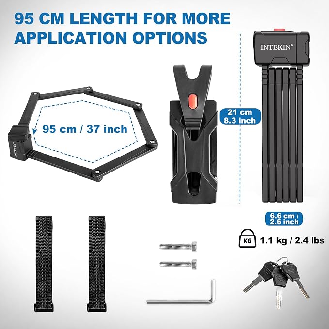 Compact Folding Bike Lock, Heavy Duty Anti Theft Bicycle Lock with 3 Keys and Mount, Lightweight for Road Bikes, Mountain Bikes, E-Bikes, Motorcycles, Scooters - 95cm (37 in)