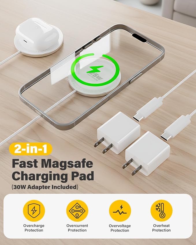 25W Magnetic Wireless Charger, 6FT Fast Charging Pad Wireless Charge for iPhone 17 16 /AirPods3/2/Pro/for Galaxy S26 Ultra/Pixel 10 Series, Portable Charger for Desk& Travel(2Pack,White)
