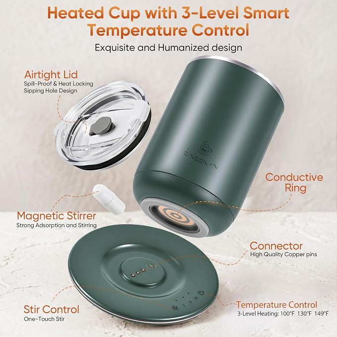 Self Stirring Coffee Mug, Self Heating Coffee Mug, Heated Cup with 3-Level Smart Temperature Control, Auto Shut-Off Electric Coffee Cup Warmer with Detachable Base, Gift for Family Friends (Green)