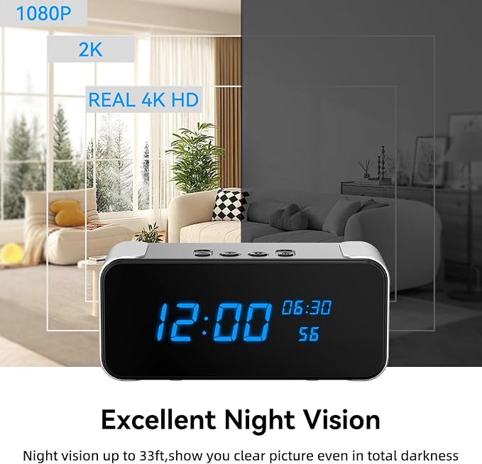 Wireless Security Mini Camera, 4K Full HD Nanny Cam with Alarm Clock and Bluetooth Speaker, Excellent Night Vision & Motion Detection Alarm, Mobile Phone Remote APP Control, Support 5G and 2.4G