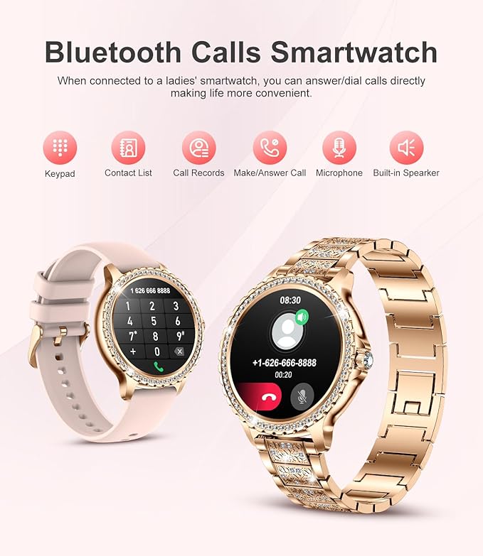 LIGE Smart Watch for Women(Answer/Make Calls),1.3"HD Diamonds Luxury Smartwatch for Android iPhone Phones,Fitness Trackers with 20+ Sport Modes/Heart Rate/IP68 Waterproof/SpO2/Sleep Monitor,Rose gold