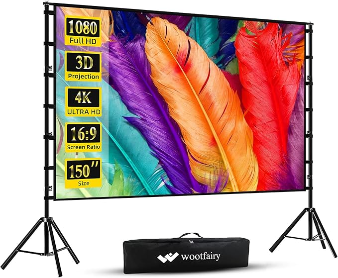 Wootfairy 150inch Projector Screen with Stand: Portable Wrinkle-Free Screen | Foldable 16:9 4K HD Front Rear Projection Movie Screen with Carry Bag for Indoor Outdoor Backyard Family Live Sports Night