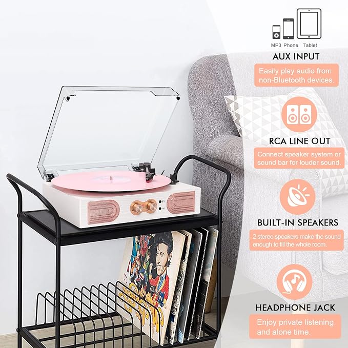Vinyl Record Player with Built-in Speakers 3-Speed Vintage Record Player Support Treble& Bass Control, 3.5mm Headphone Jack, RCA-Out/Aux in, Belt-Driven LP Turntable,White Rose Gold