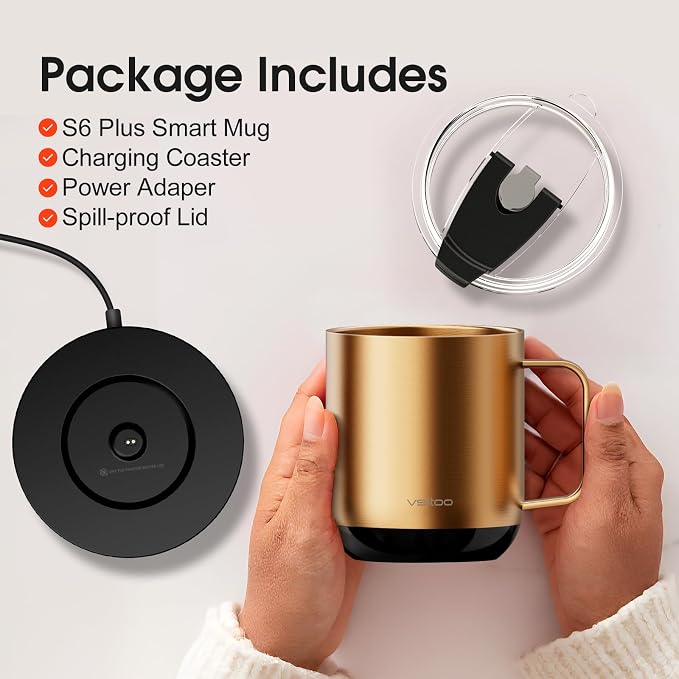 Vsitoo S6 Plus 12oz Smart Self Heating Coffee Mug, AI Auto-Sensing Heated Espresso Mug Temp Control 120-150℉, Rechargeable Mug Warmer with Music LED, IPX7 Gift for Women Men- Gold
