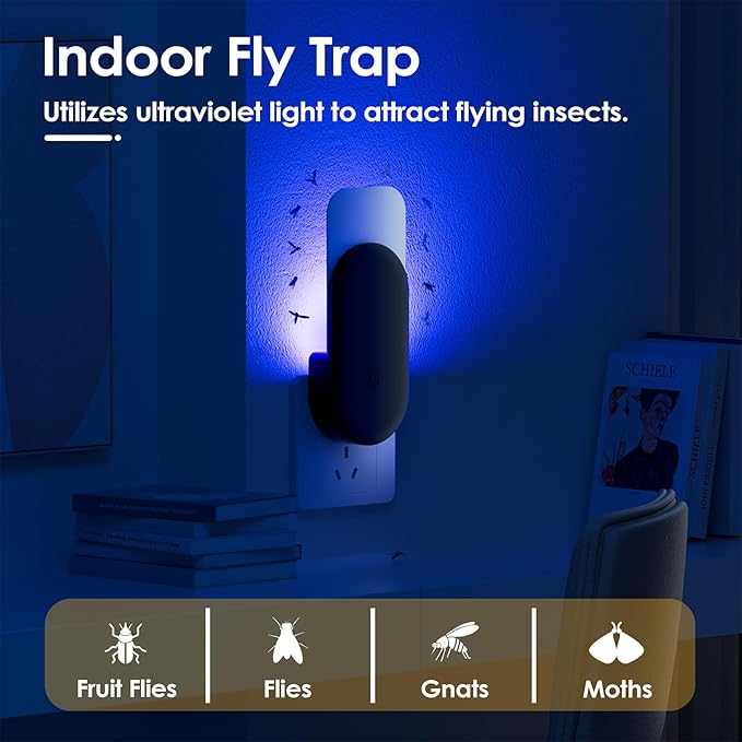 TIENBE Flying Insect Trap, 2 in 1 Indoor Plug-in Fruit Fly Trap, 2 Trap Black and 12 Glue Cards, Fruit Fly Traps for Gnat, Moth, Mosquito, Suitable for Every Part of The Home