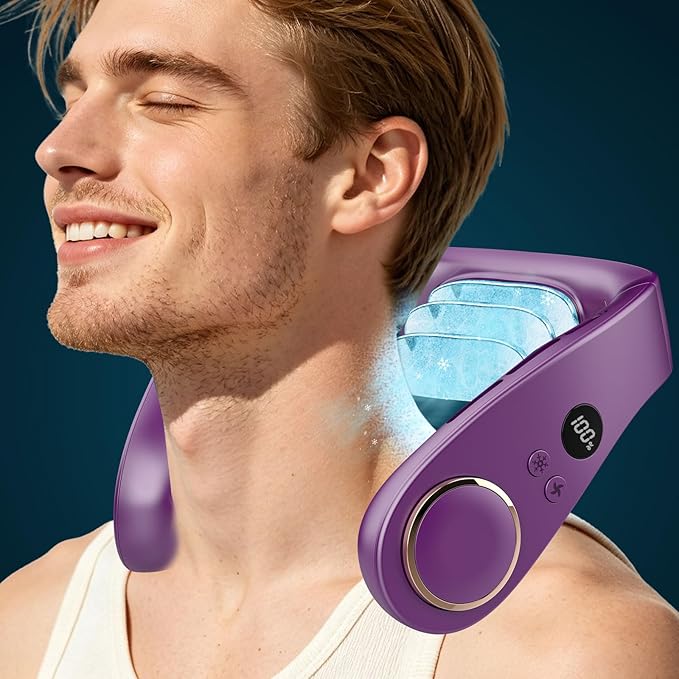 Neck Fans that Blow Cold Air,5500mAh Whisper Quiet Fan,5 Speeds & 3 Cooling Modes, USB-C Quick Charge,LED Shows Battery & Speed, 360° Airflow, Lightweight Wearable AC for Women Men Adults Kids Purple