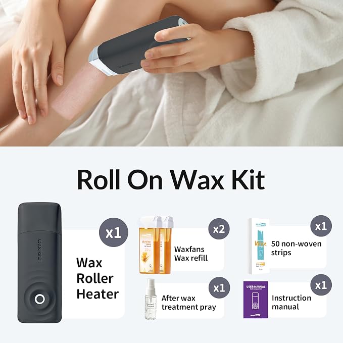 Roll On Waxing Kit for Hair Removal - At-Home Body & Face Wax Kit for Women & Men with 2 Wax Cartridges & 50 Strips, Depilatory Kit for Legs, Arms, Bikini