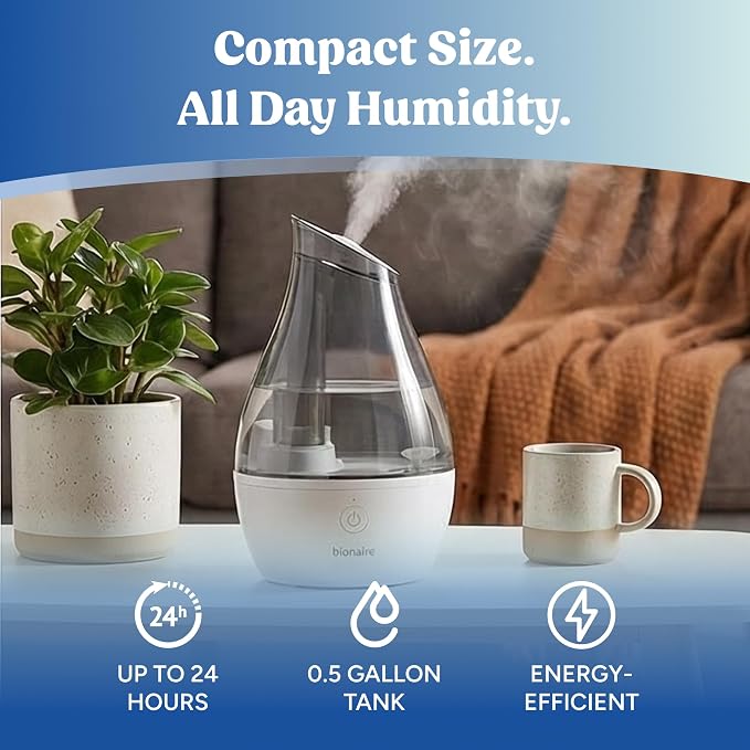Official Bionaire - Ultrasonic Cool Mist Humidifier, Quiet Operation, Large 64 oz Tank, Easy One-Button Control, Ideal for Bedroom & Home, White