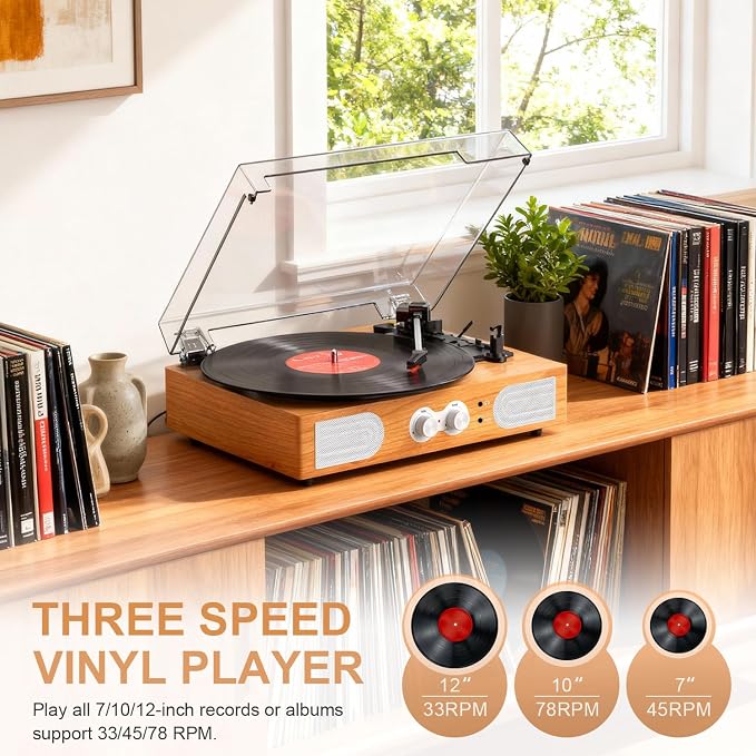 Vinyl Record Player with Built-in Speakers 3-Speed Vintage Record Player Support Treble& Bass Control, 3.5mm Headphone Jack, RCA-Out/Aux in, Belt-Driven LP Turntable,Natural Wood