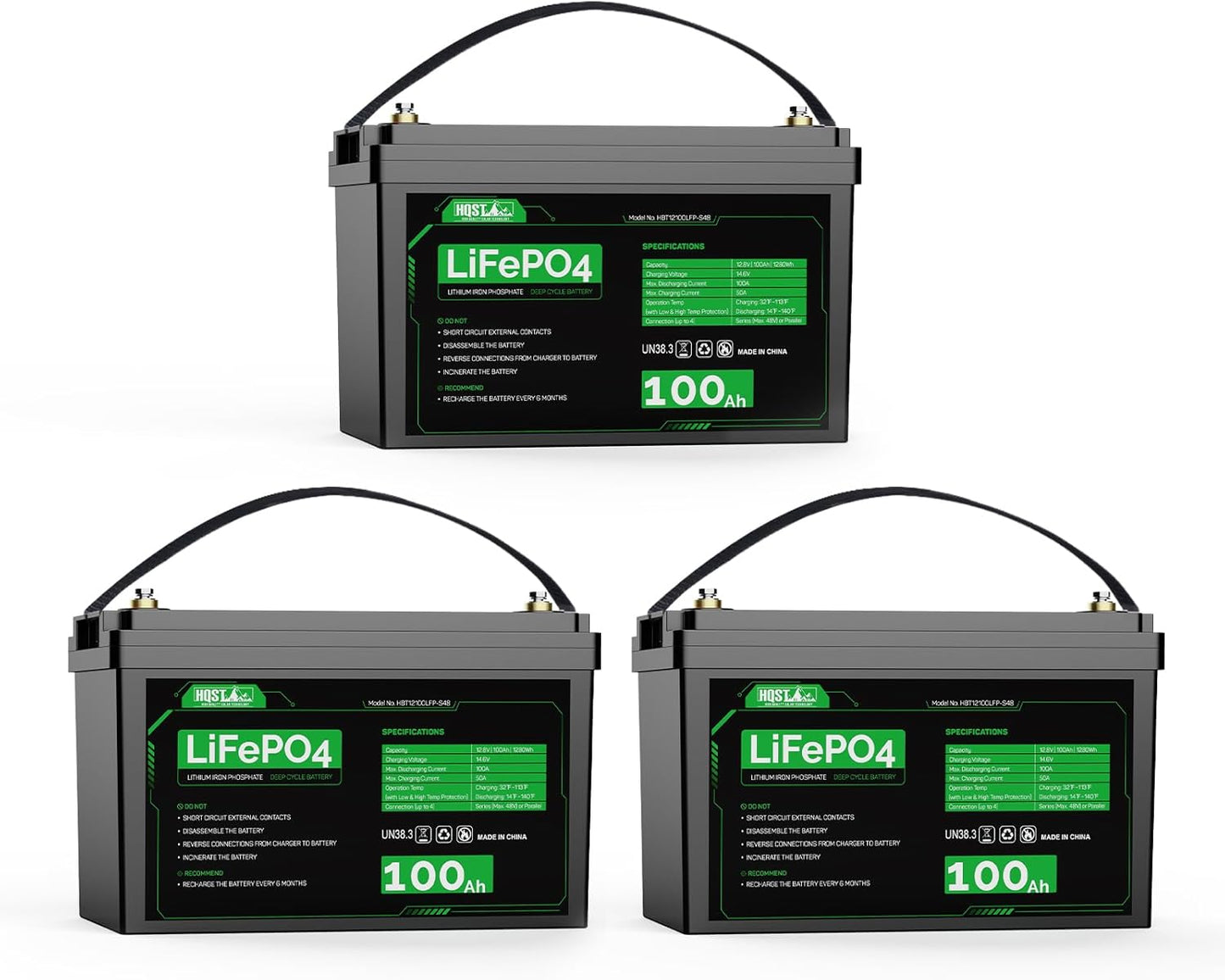 HQST LiFePO4 Battery 100ah Lithium Battery, 12V Lithium Iron Phosphate Battery Deep Cycle Marine Battery, 10 Year Lifetime with Low & High Temp Protection for RV, Trolling Motor, Boat-3 Pack