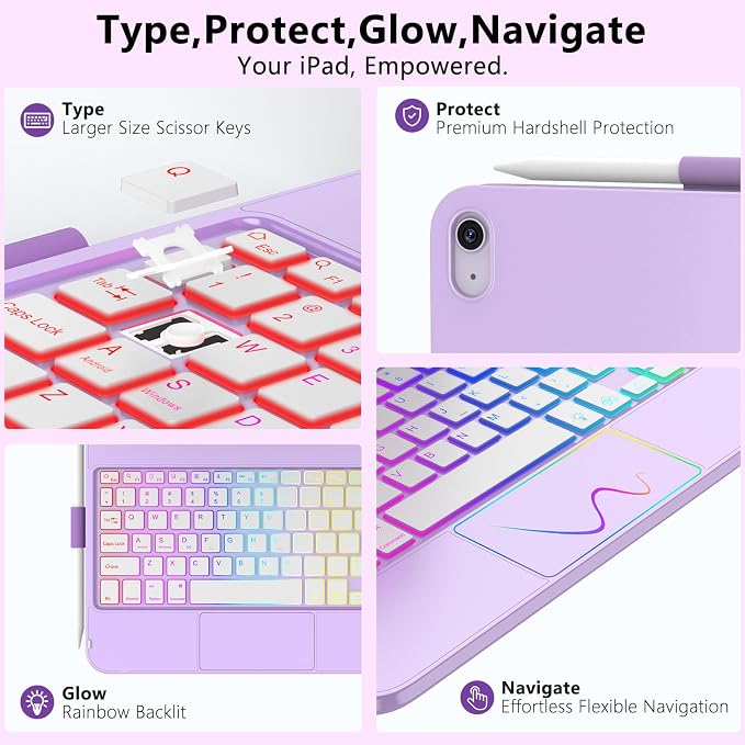 For iPad 11th Generation/10th Generation Case with Keyboard,Touch Keyboard for iPads A16 /10th Gen 10.9 inch 2022 - 10 Color Backlight, 360° Rotatable Protective Case for iPad A16 with Pencil Holder