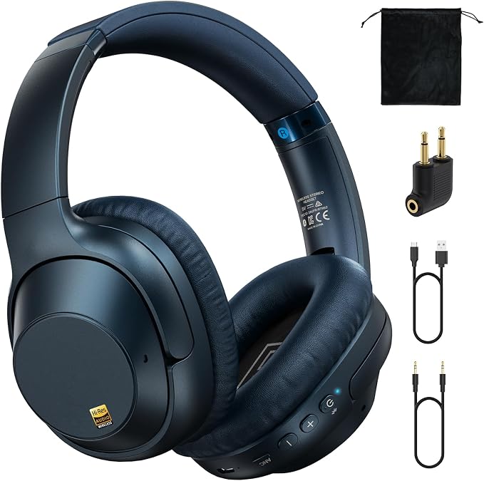 Bluetooth 6.0 Active Noise Cancelling Headphones for Airplane Travel, LDAC Hi-Res Audio, 90H Playtime Wired and Wireless ANC Headphones, Over Ear Headset for Home Office, Custom EQ via APP, Blue