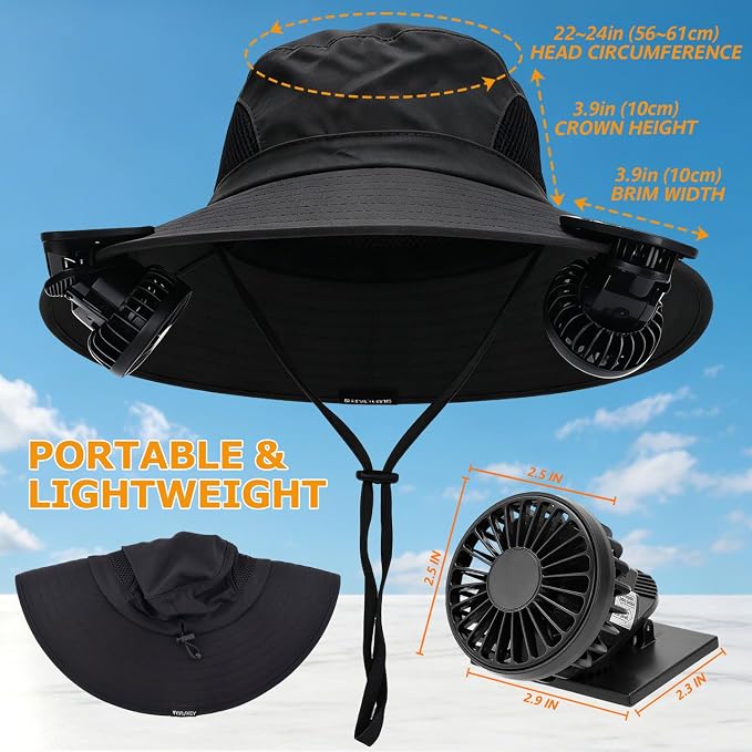 Wide Brim Sun Bucket Hat with 2 Solar Powered Fan for Men & Women | Waterproof & UPF 50+ Sun Protection Hat with Dual-Power Clip-On Cooling Fans for Outdoor Hiking Fishing Gardening