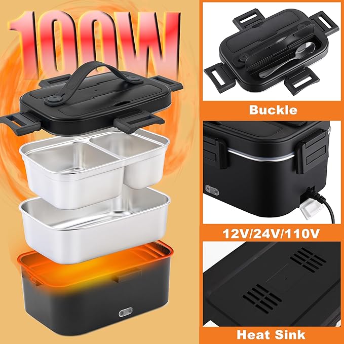 Nifogo Electric Lunch Box for Adults 100W with 2 Stainless Steel Containers, 1.8L Heated Lunch Boxes for Men, Food Heater Portable 12/24/110V for Work Car Truck