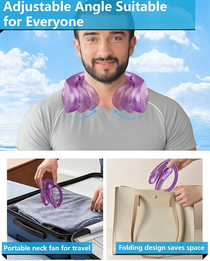 Portable Misting Neck Fans with Water Spray, Rechargeable Long Battery Life, Powerful Air Cooler with LED Display, Personal Compact Wearable Necklace Fan for Kids Adults Elderly Hot Weather, Purple