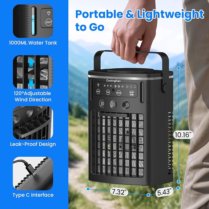 Portable Air Conditioners, Small Air Conditioner Portable with Remote, 3 Speeds & 3 Mist Modes & Timer Mini Evaporative Air Cooler, Personal Cooling Misting Fan for Bedroom Office Room Desk, Black