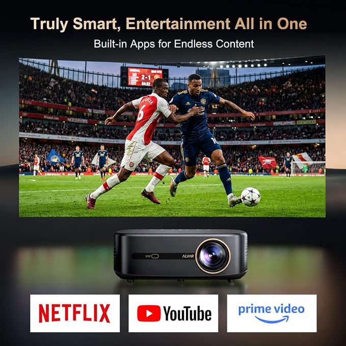 Smart Projector 2026 Upgraded, 2500 ANSI, 4K Supported, 50W DoIby Audio, Built in NetfIix App, Auto Focus & Keystone, WiFi 6 & Bluetooth 5.3, for Home Theater/Soccer Watch party/Outdoor Movie