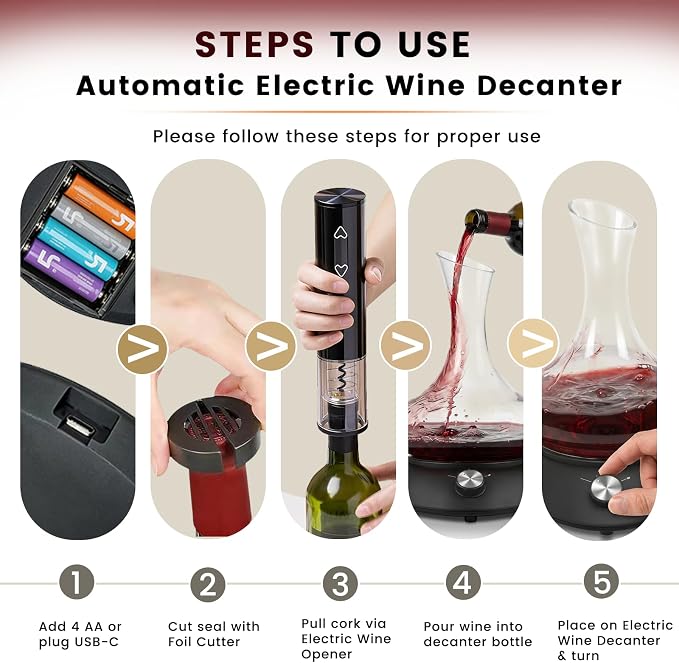 5-in-1 Automatic Electric Wine Decanter Set ，Black Rotation Aerator Base with Glass Carafe, Electric Wine Opener with Foil Cutter, Wine Gifts & Accessories for Wine Lovers and Women