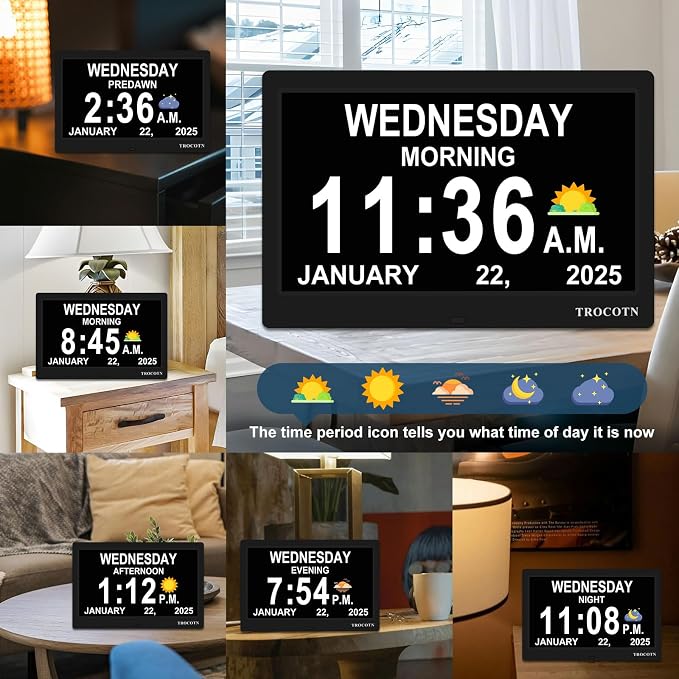 TROCOTN Dementia Clocks, Large Display Calendar Alarm Clock with Auto DST for Seniors, 5 Display Modes Large Font Digital Clock with Custom Alarms Day Date Clocks. (10 Inch Black)