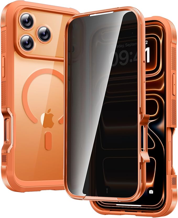 Diaclara Magnetic Designed for iPhone 17 Pro Case 6.3'' [Full Camera Protection] Full Body Bumper,[Compatible with MagSafe] Phone Case w/Built-in Privacy Screen Protector,Orange